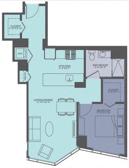 Floor plan for 1 bed, 1 bath, 796 sqft